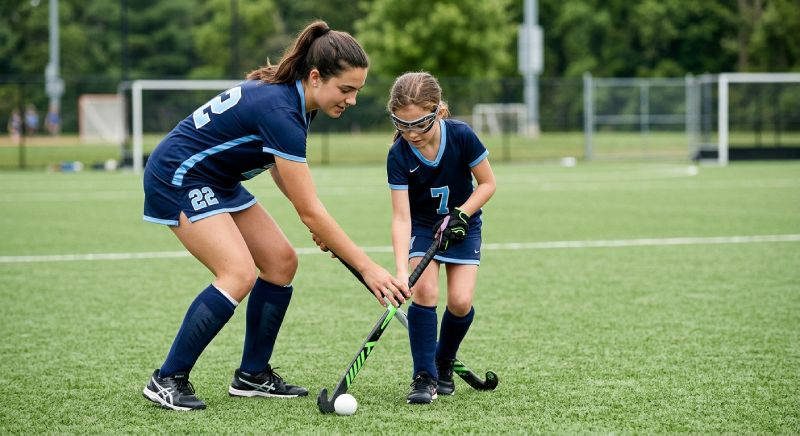 An older field hockey player mentoring a younger teammate on the pitch